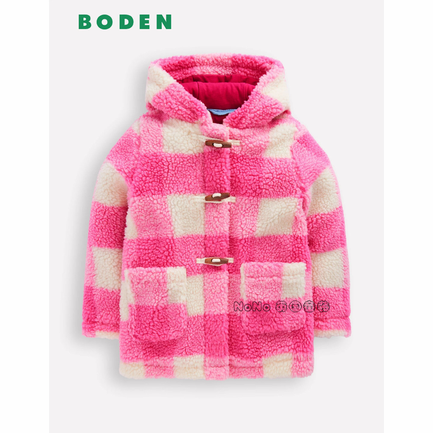 英国Mini Boden女童粉白色格子毛绒牛角扣棉服加厚2-12岁G5680