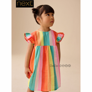 V01 英国Next正品 448 8岁新款 代购 女童彩虹条纹全棉连衣裙短袖