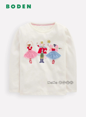 代购英国Mini BODEN女童老鼠芭蕾女孩刺绣长袖T恤纯棉2-12岁G5626