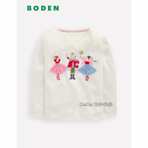 代购英国Mini BODEN女童老鼠芭蕾女孩刺绣长袖T恤纯棉2-12岁G5626