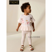 英国Next女童粉色芭蕾网纱下摆T恤打底长裤 958 7岁H53 全棉套装