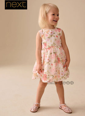 英国Next女童粉色花朵蝴蝶结内衬全棉连衣裙生日1-8岁新款Y09-807
