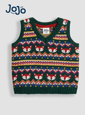 英国JoJo Maman Bebe儿童蓝色绿色狐狸马甲毛衣针织衫羊毛F49-211