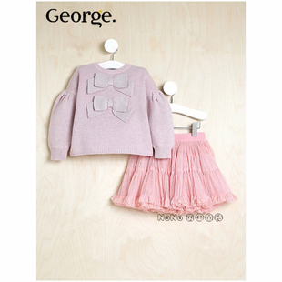 代购英国乔治George女童粉色蝴蝶结毛衣tutu半裙纱裙套装1335540