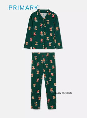 代购英国Primark儿童亲子圣诞绿色小熊长袖家居服睡衣长裤1-15岁