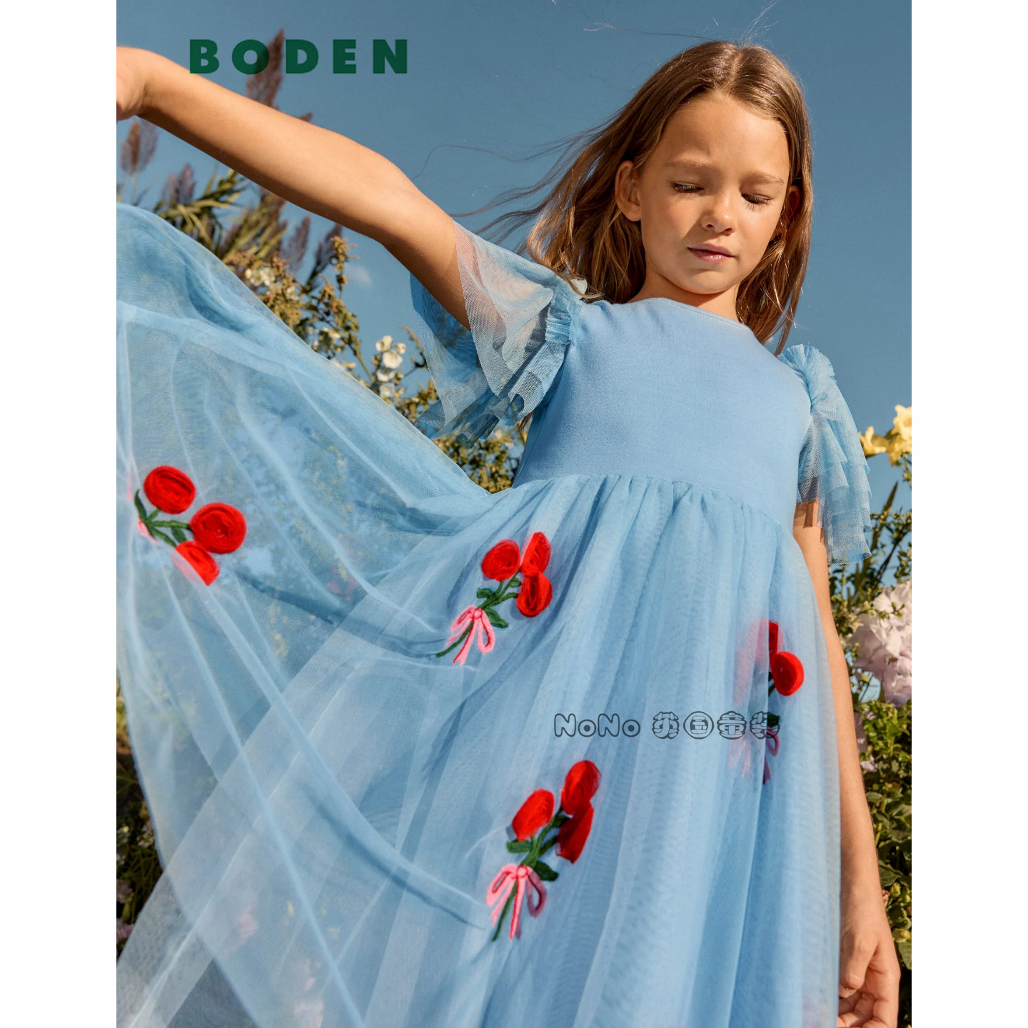 英国Mini Boden女童蓝色花朵束网纱短袖连衣裙礼服2-12岁G5773
