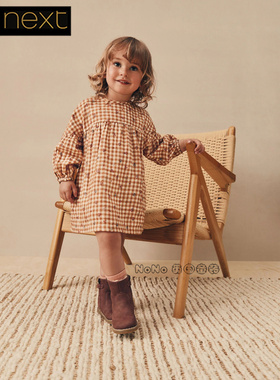 英国Next正品代购女童25新款长袖纯棉黄色格子碎花连衣裙F22-907
