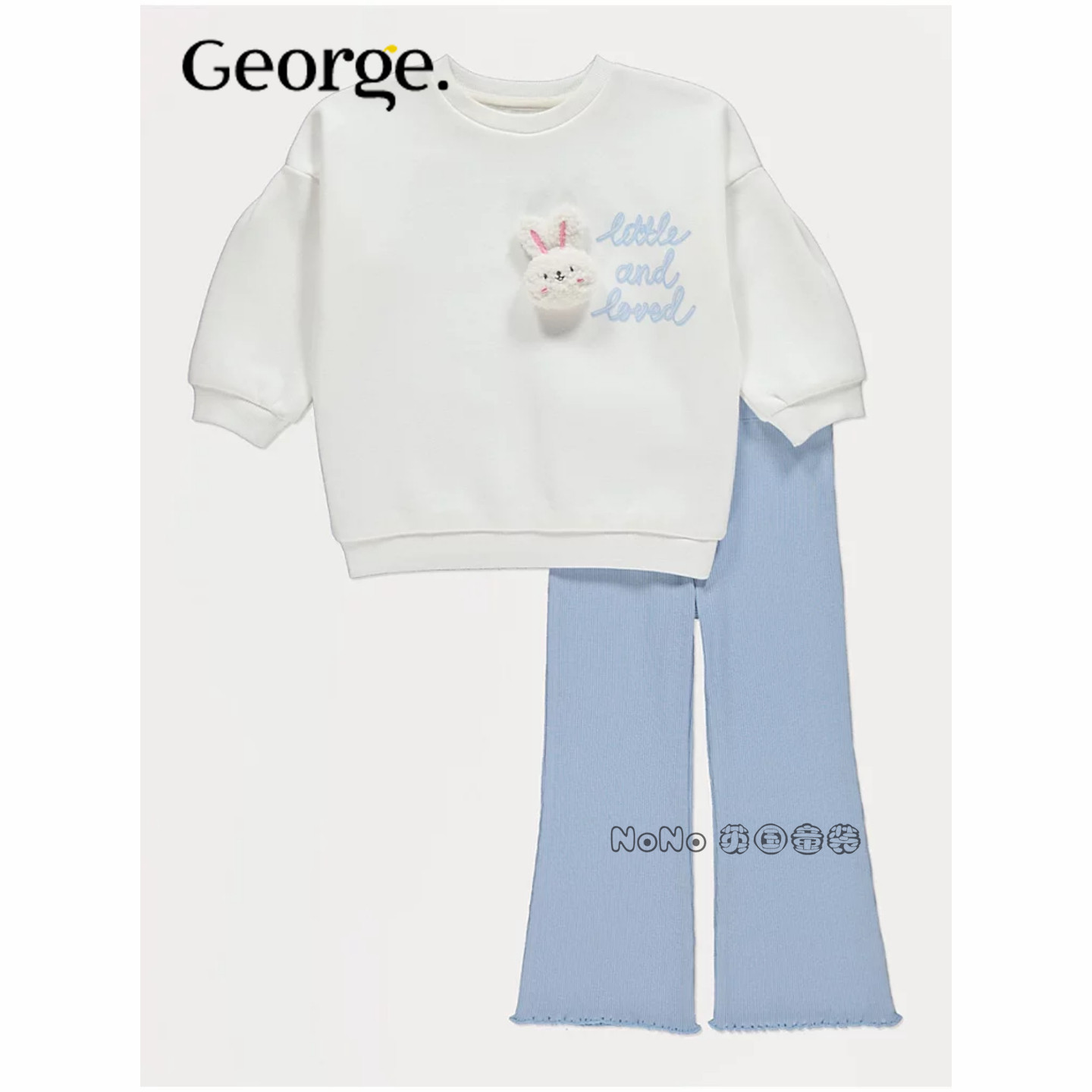 英国乔治George女童蓝白色小兔子卫衣喇叭裤休闲套装1-8岁1381231