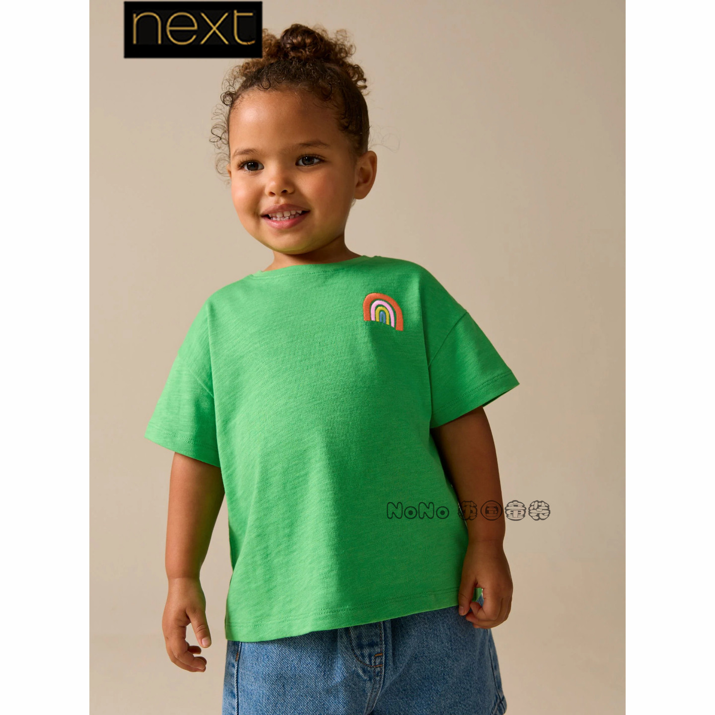 英国Next代购女童绿色显白彩虹刺绣短袖T恤衫全棉1-7岁H53-696