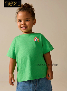 英国Next代购女童绿色显白彩虹刺绣短袖T恤衫全棉1-7岁H53-696