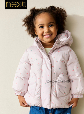 英国Next代购女童浅粉色樱桃印花加厚棉服外套连帽1-7岁H47-324