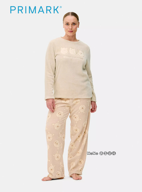 代购英国Primark女款大童米色维尼熊卡通保暖绒长袖家居服睡衣裤