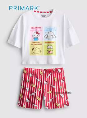 代购英国Primark女童红白色kitty短袖家居服睡衣裤纯棉新款5-15岁