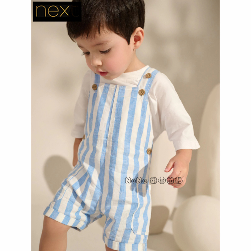 Next英国正品代购儿童蓝白条纹亚麻背带裤休闲夏季吊带裤AG7-306