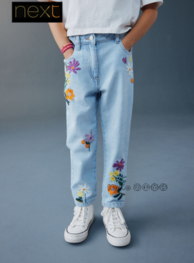 英国Next女大童款浅蓝色重工花朵刺绣牛仔长裤全棉3-16岁W61-241
