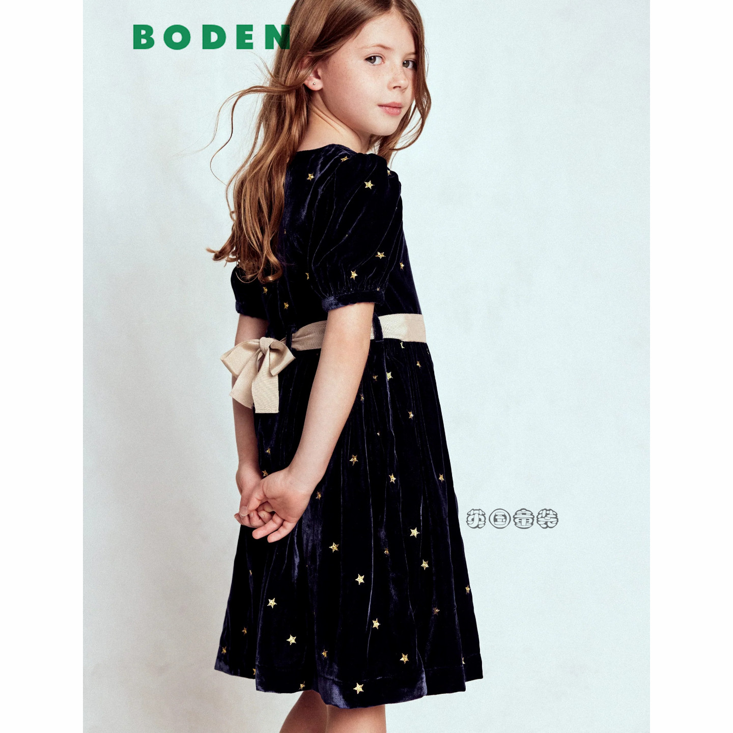 英国Mini Boden女童深蓝色丝绒刺绣星星礼服连衣裙2-12岁G5705