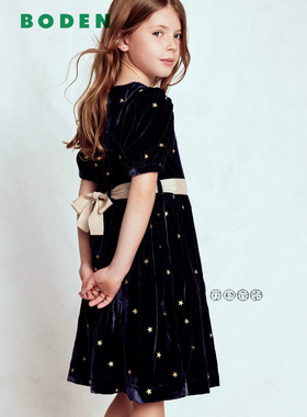 英国Mini Boden女童深蓝色丝绒刺绣星星礼服连衣裙2-12岁G5705