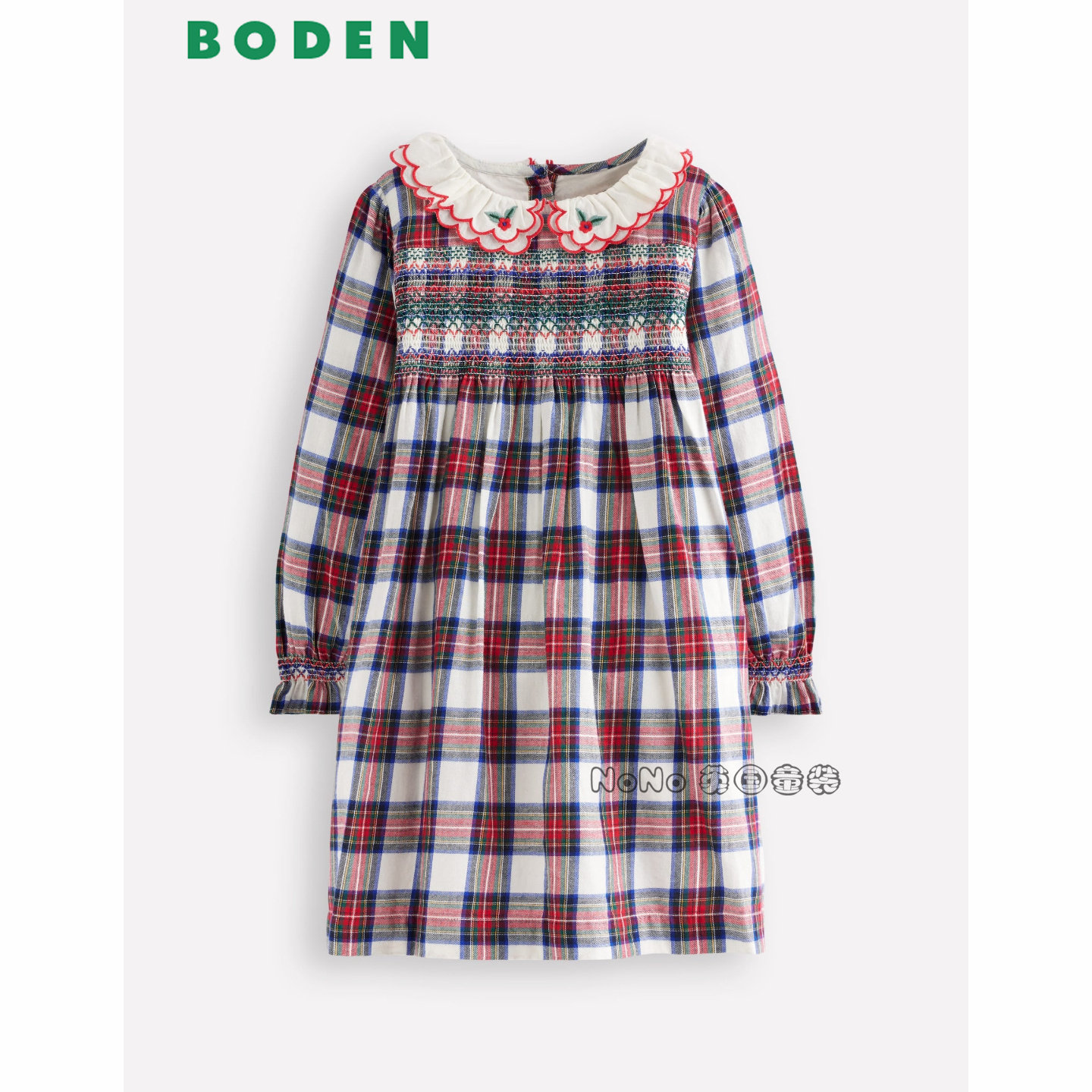 英国Mini Boden女童红色格子樱桃翻领长袖连衣裙刺绣2-10岁G5713