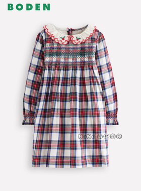 英国Mini Boden女童红色格子樱桃翻领长袖连衣裙刺绣2-10岁G5713