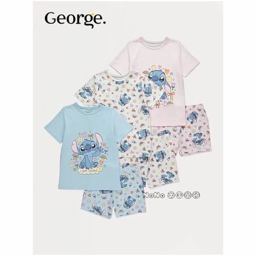 英国乔治George女童粉蓝色史迪奇仔家居服短袖睡衣裤纯棉1397029