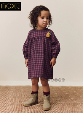 英国Next正品代购女童25新款长袖纯棉紫色格子水果连衣裙F13-556
