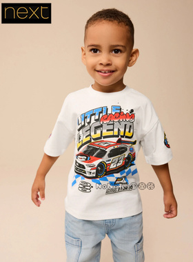 英国Next正品代购男童纯棉白色赛车双面圆领短袖T恤运动衫E63-785