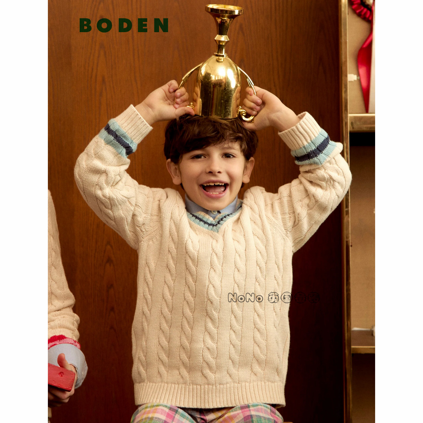 英国Mini BODEN男童米白色V领绞花毛衣针织套衫全棉2-14岁B3255
