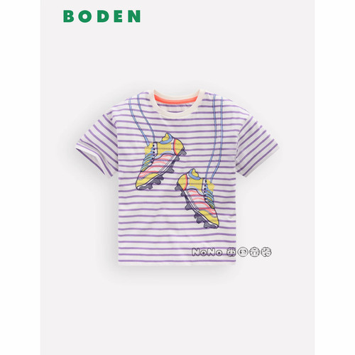 英国Mini BODEN女童紫色条纹球鞋刺绣短袖T恤全棉2-10岁新款G5920