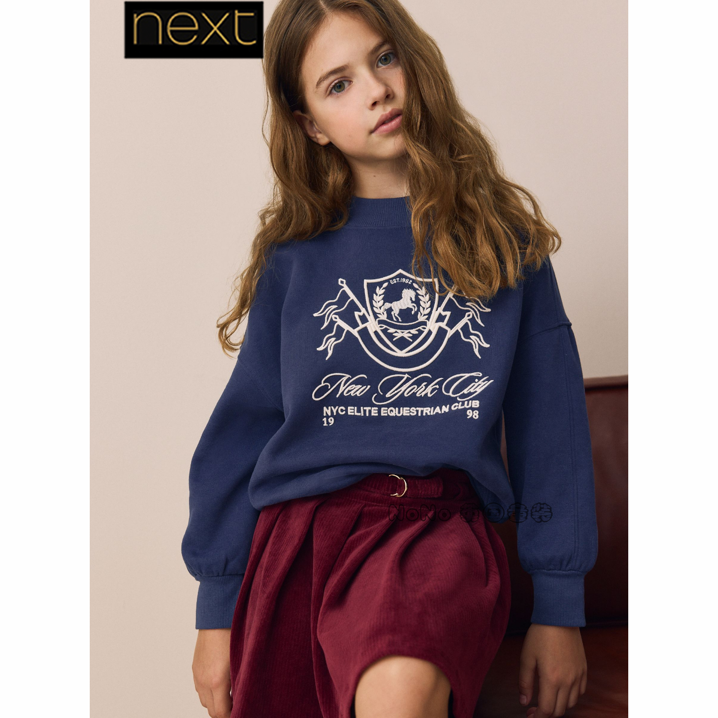 英国Next女大童亲子深蓝色字母上衣卫衣圆领运动3-16岁W26-480