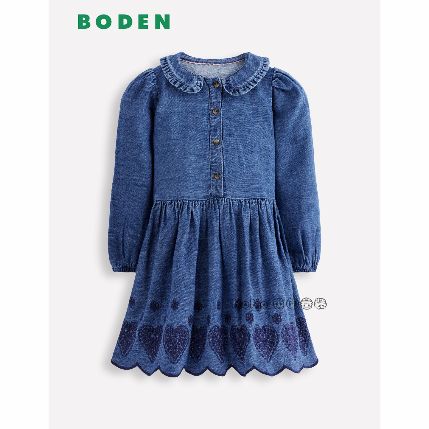 代购英国Mini Boden女童蓝色牛仔刺绣长袖连衣裙纯棉2-12岁G5760