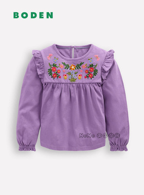 代购英国Mini BODEN女童紫色花朵刺绣长袖T恤纯棉2-14岁Y08-870