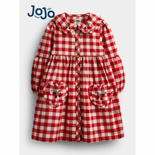 英国JoJo Maman Bebe女童新年红色格子樱桃刺绣长袖连衣裙V93-577