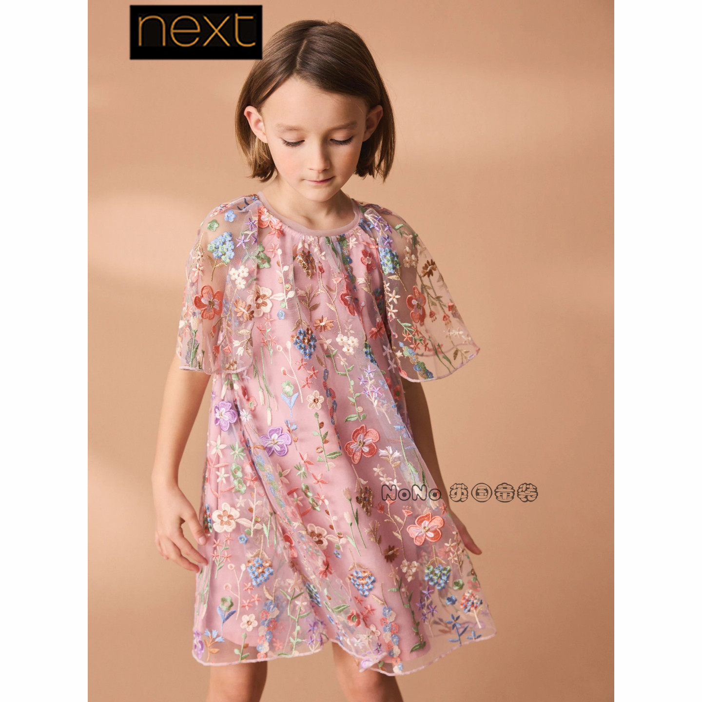 现货英国Next女大童亲子粉色重工刺绣花礼服连衣裙14岁645-681