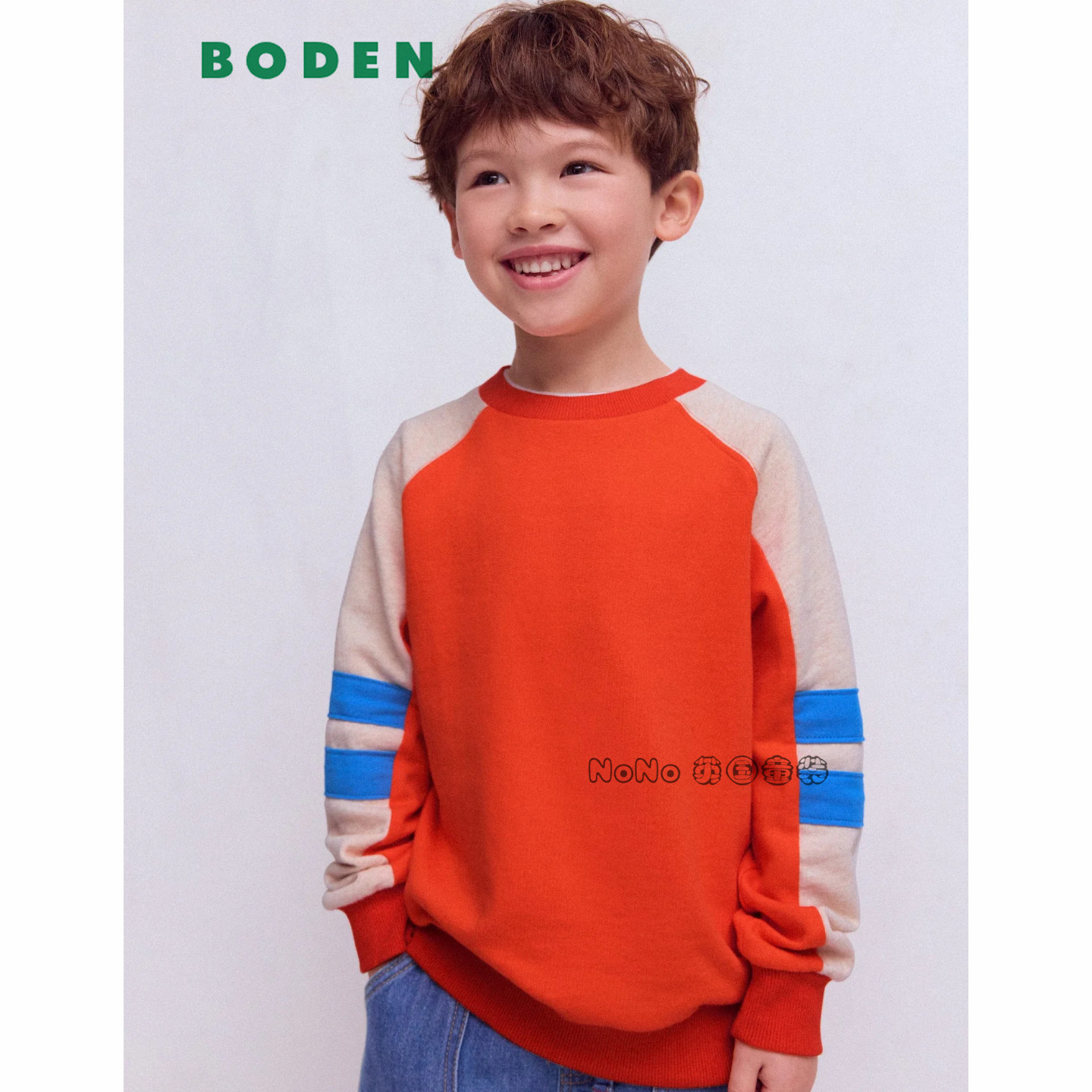 英国Mini Boden男童橘红色白插肩卫衣运动衫套头全棉2-14岁B3157