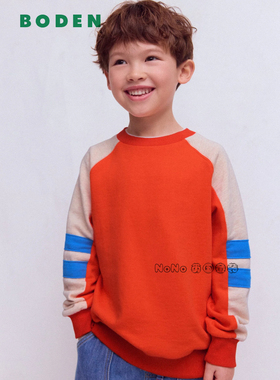 英国Mini Boden男童橘红色白插肩卫衣运动衫套头全棉2-14岁B3157