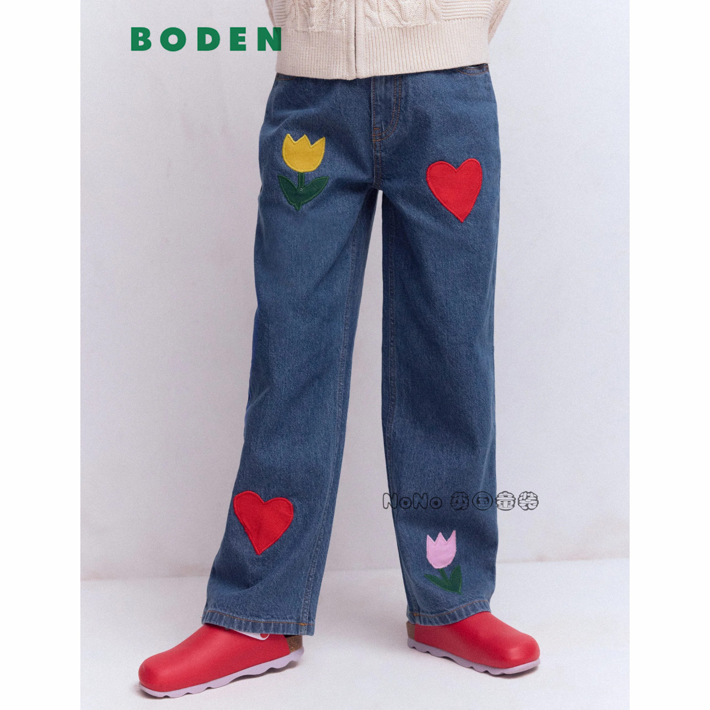 代购英国Mini Boden女童花朵爱心刺绣牛仔裤长裤全棉2-12岁G5859