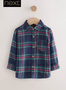 英国Next正品代购男童红蓝色格子长袖衬衫纯棉翻领1-7岁F82-463