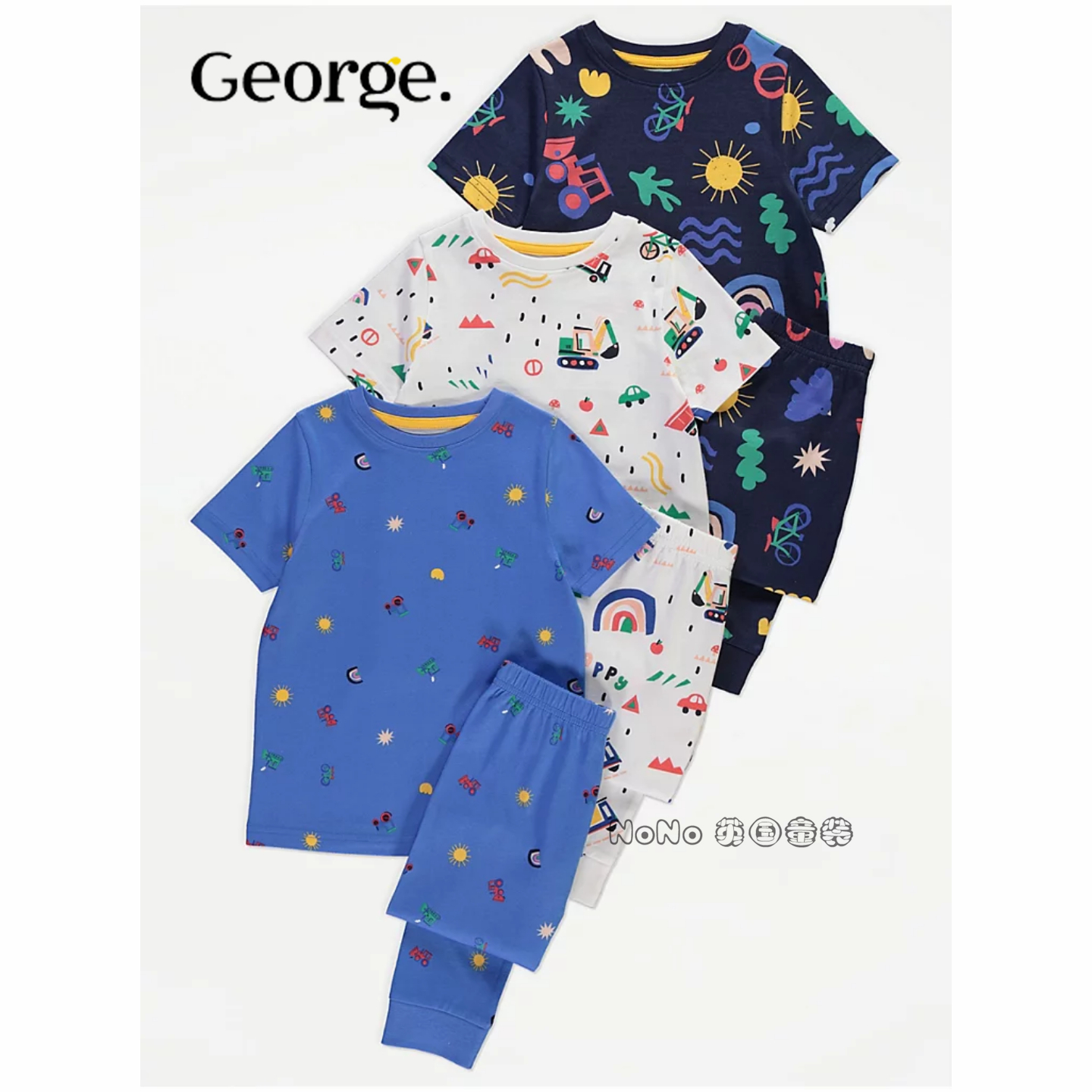 现货英国乔治George男童挖掘机彩虹蓝白色短袖家居服睡衣长裤纯棉