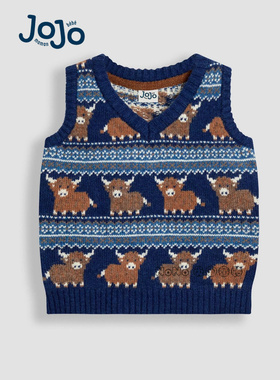 英国JoJo Maman Bebe男童蓝色牦牛V领马甲毛衣针织衫羊毛F49-222
