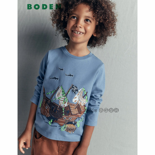 英国Mini BODEN男童夜光蓝色船鲨鱼长袖T恤纯棉2-12岁新款B3083