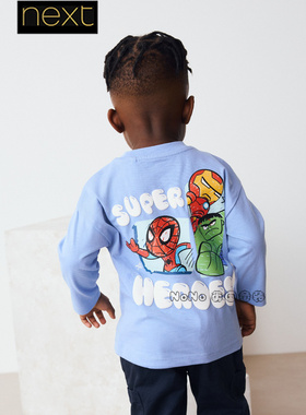 英国Next正品代购男童蓝色蜘蛛侠纯棉长袖T恤1-7岁印花F29-911