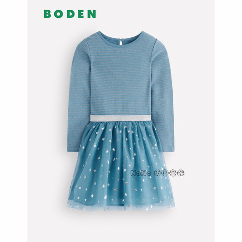 英国Mini Boden女童蓝银色星星条纹网纱长袖连衣裙2-12岁G5649
