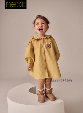 英国Next女童黄色灯芯绒兔子荷叶领连衣裙长袖1-8岁春秋F69-842