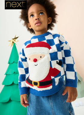 英国Next正品代购男童蓝色格子圣诞老人针织衫毛衣1-7岁F70-109