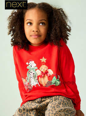 英国Next女大童亲子红色新年小狗长袖T恤运动纯棉3-16岁F69-691