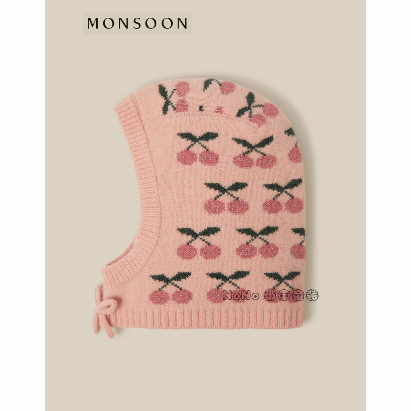 英国MONSOON女童粉色樱桃护耳毛线毛球帽子3-13岁56060180009