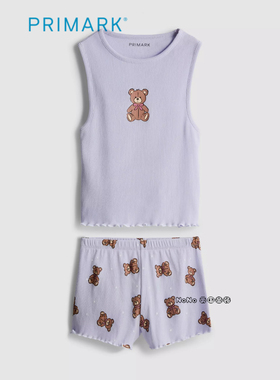 代购英国Primark女童淡紫色小熊无袖家居服睡衣裤纯棉7-15岁