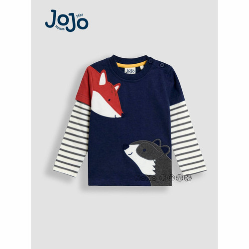 现货英国Jojo Maman Bebe儿童浣熊狐狸贴布长袖T恤纯棉F96-778