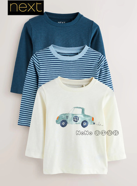 英国Next代购男童蓝色汽车条纹纯棉长袖T恤衫圆领1-7岁F59-449