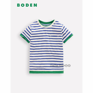 英国Mini BODEN男童蓝绿色条纹假两件短袖T恤全棉2-14岁新款B3191